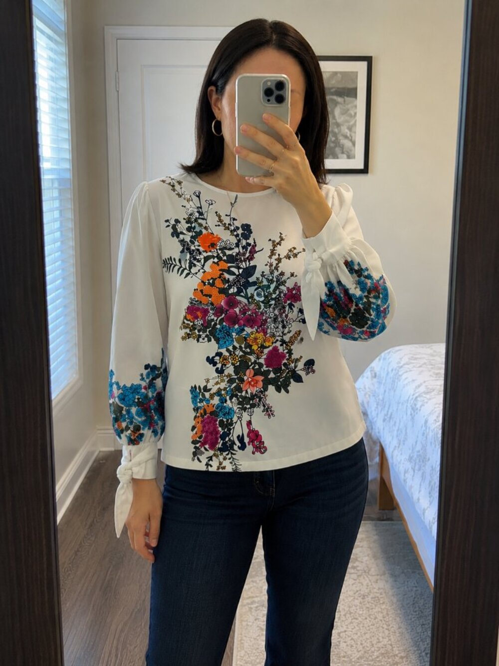 CBR Floral Print Long Sleeve Blouse White Puff Sleeve Tie Cuff Top Women's L